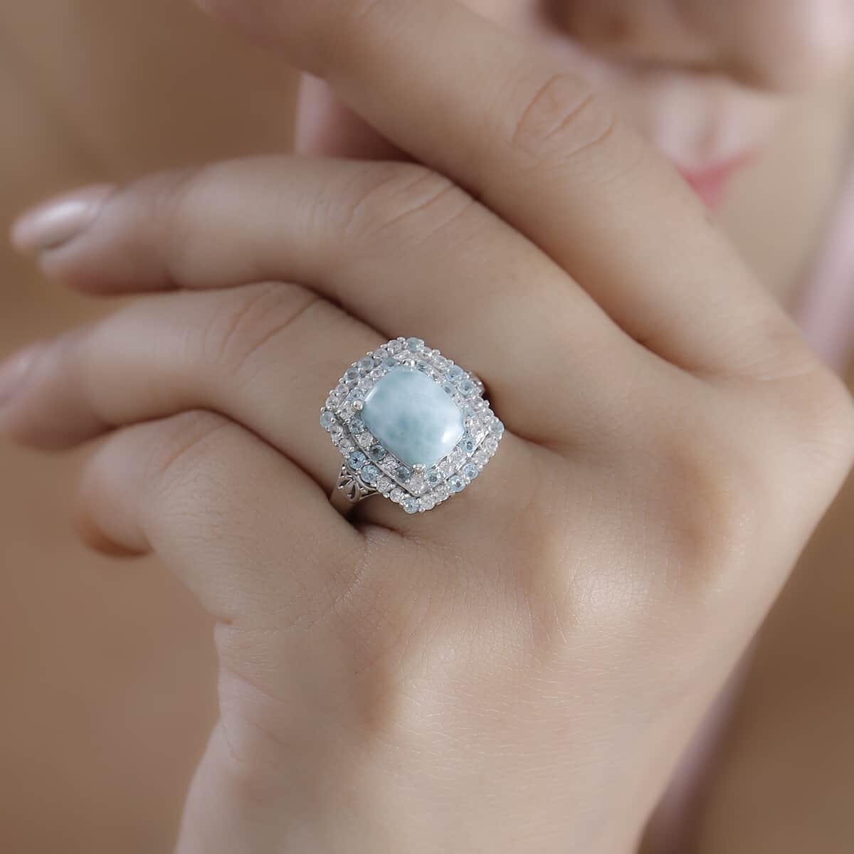 Natural Green Larimar and Multi Gemstone 4.90 ctw Ocean Water Bubbles Ring in Rhodium Over Sterling Silver (Size 10.0) image number 2