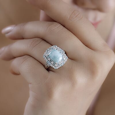 D'Joy Natural Green Larimar and Multi Gemstone 4.90 ctw Ocean Water Bubbles Ring in Rhodium Over Sterling Silver (Size 10.0)
