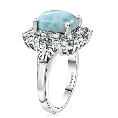 D'Joy Natural Green Larimar and Multi Gemstone 4.90 ctw Ocean Water Bubbles Ring in Rhodium Over Sterling Silver (Size 10.0)