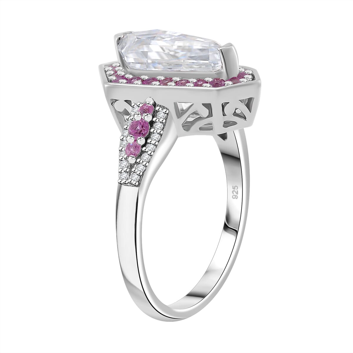 Moissanite and Pink Sapphire 2.10 ctw Celestial Shield Ring in Rhodium Over Sterling Silver (Size 10.0) image number 3