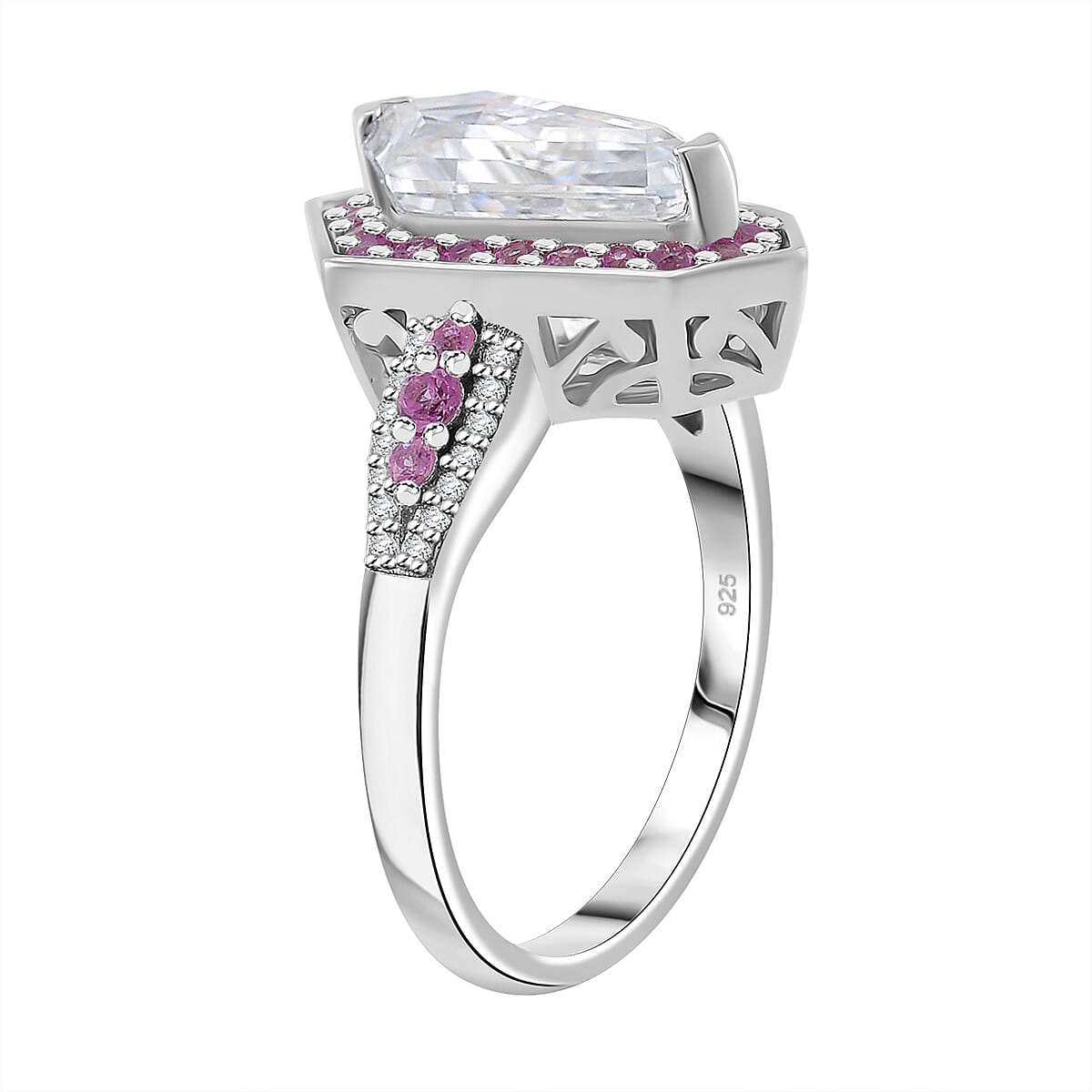 Moissanite and Pink Sapphire 2.10 ctw Celestial Shield Ring in Rhodium Over Sterling Silver (Size 7.0) image number 3