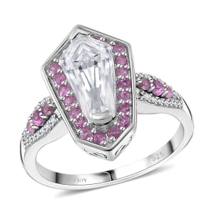 Moissanite and Pink Sapphire 2.10 ctw Celestial Shield Ring in Rhodium Over Sterling Silver (Size 8.0)