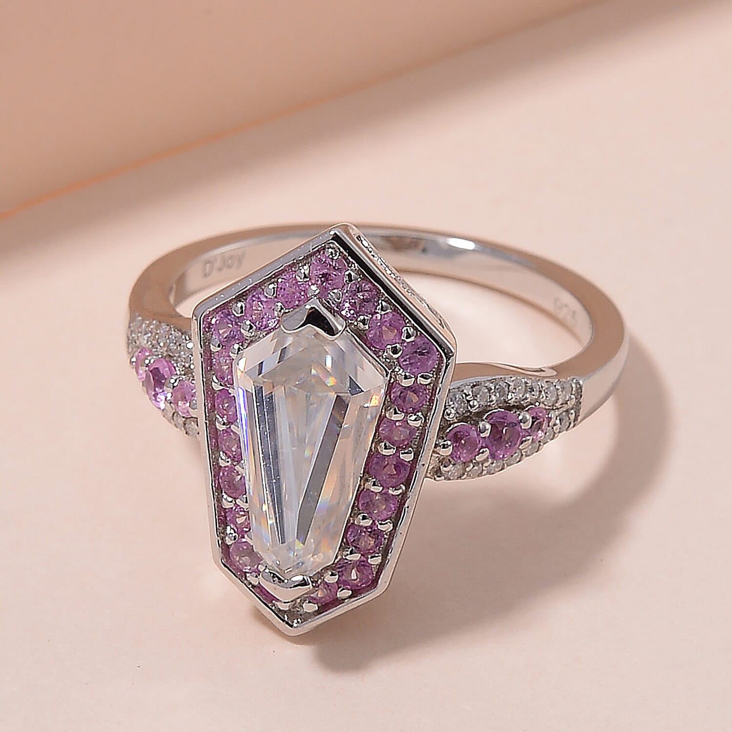 Moissanite and Pink Sapphire 2.10 ctw Celestial Shield Ring in Rhodium Over Sterling Silver (Size 8.0)