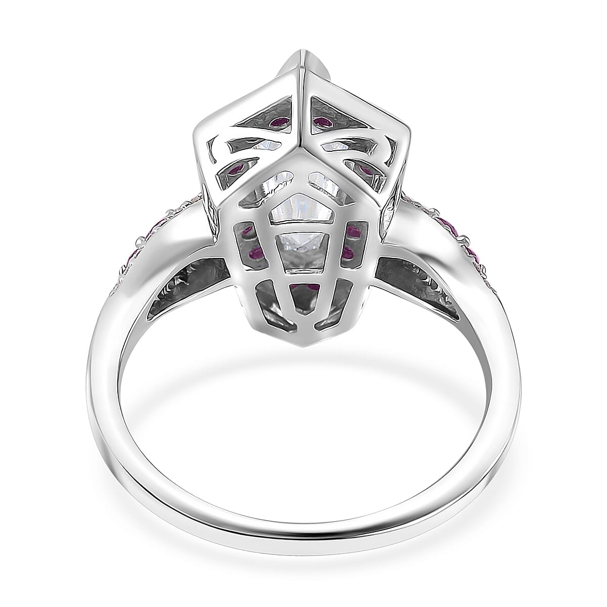 Moissanite and Pink Sapphire 2.10 ctw Celestial Shield Ring in Rhodium Over Sterling Silver (Size 8.0)