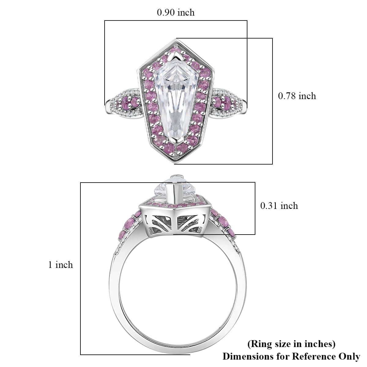 Moissanite and Pink Sapphire 2.10 ctw Celestial Shield Ring in Rhodium Over Sterling Silver (Size 8.0) image number 5