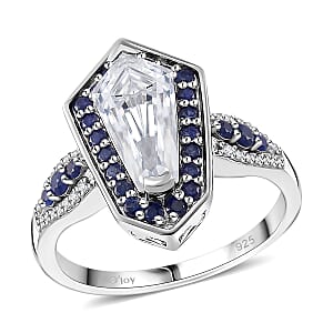 Moissanite and Blue Sapphire 2.20 ctw Celestial Shield Ring in Rhodium Over Sterling Silver (Size 6.0)