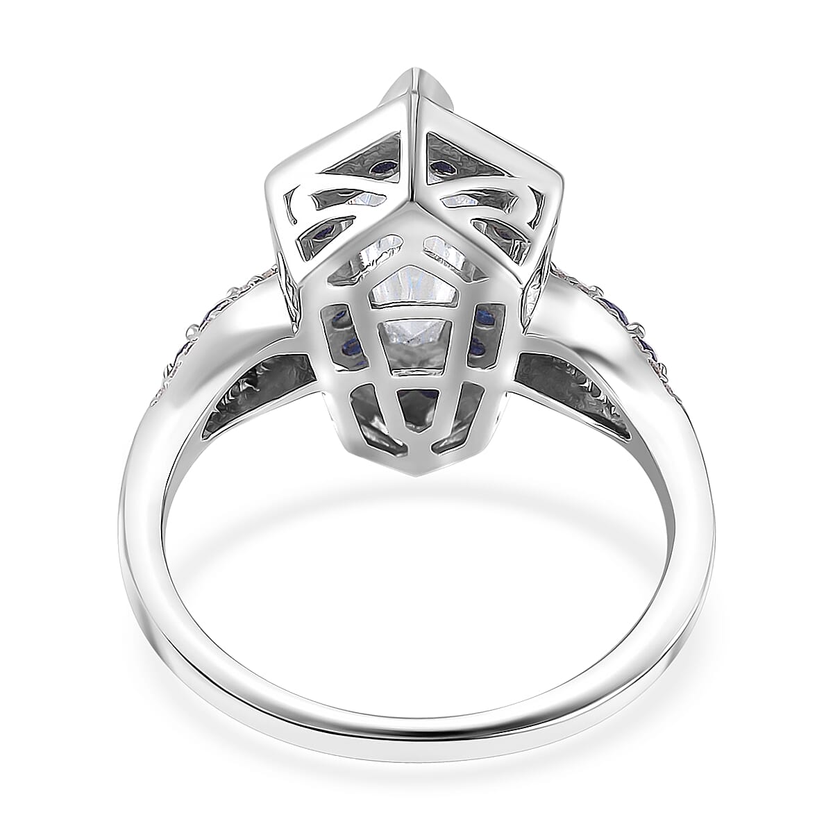 Moissanite and Blue Sapphire 2.20 ctw Celestial Shield Ring in Rhodium Over Sterling Silver (Size 6.0) image number 4