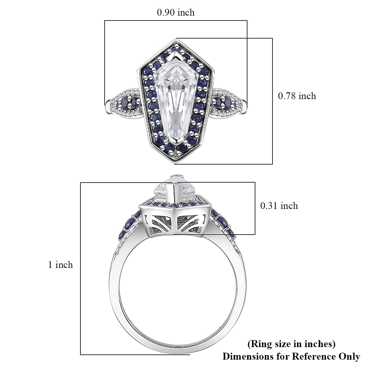Moissanite and Blue Sapphire 2.20 ctw Celestial Shield Ring in Rhodium Over Sterling Silver (Size 6.0) image number 5