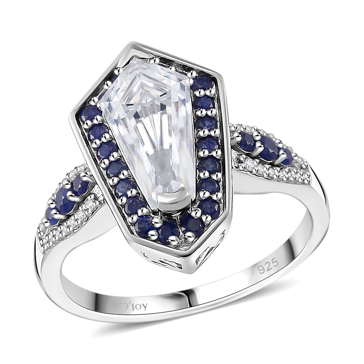 Moissanite and Blue Sapphire 2.20 ctw Celestial Shield Ring in Rhodium Over Sterling Silver (Size 8.0) image number 0