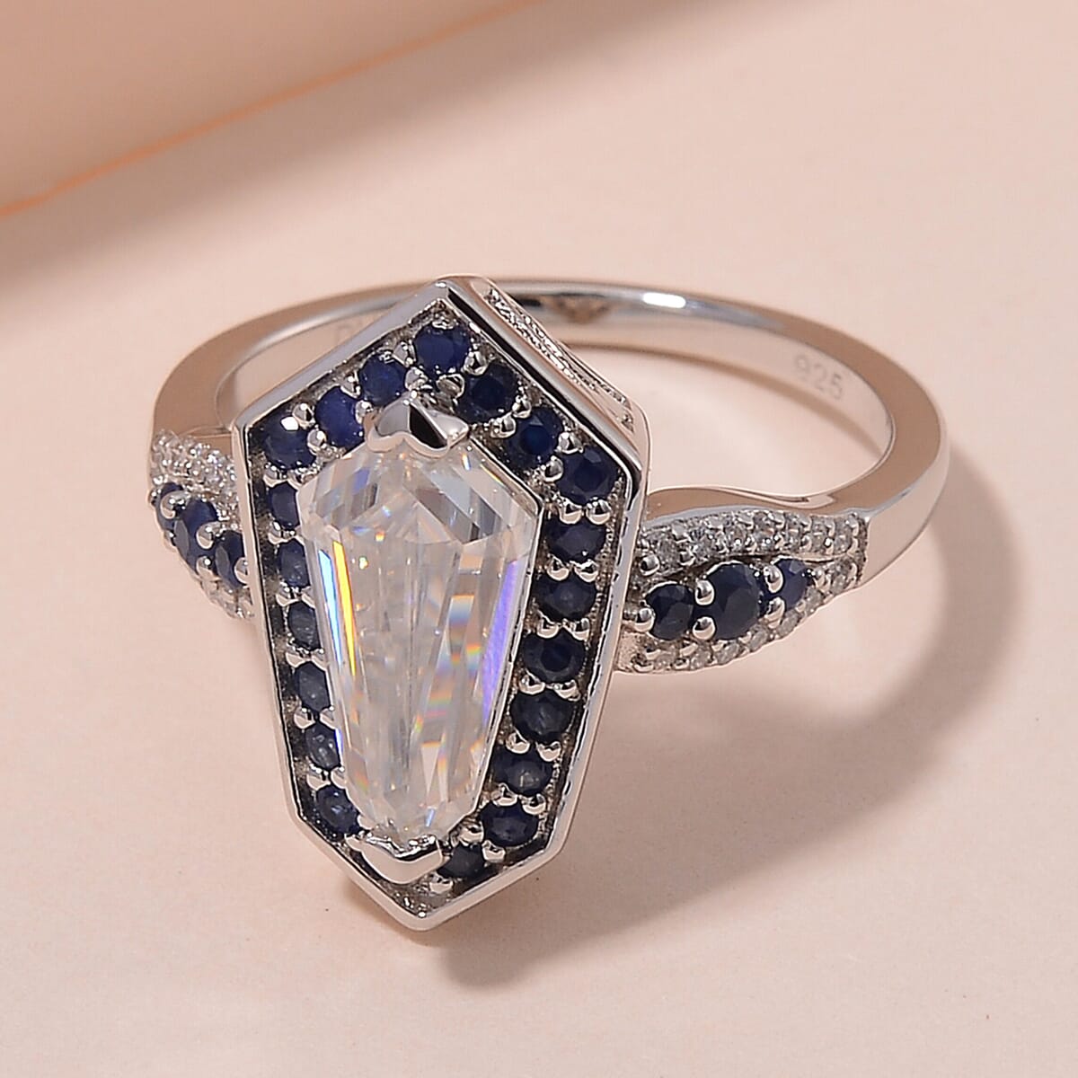 Moissanite and Blue Sapphire 2.20 ctw Celestial Shield Ring in Rhodium Over Sterling Silver (Size 8.0) image number 1