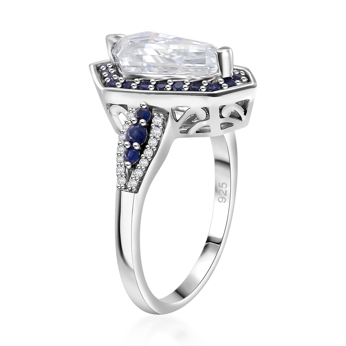 Moissanite and Blue Sapphire 2.20 ctw Celestial Shield Ring in Rhodium Over Sterling Silver (Size 8.0) image number 3