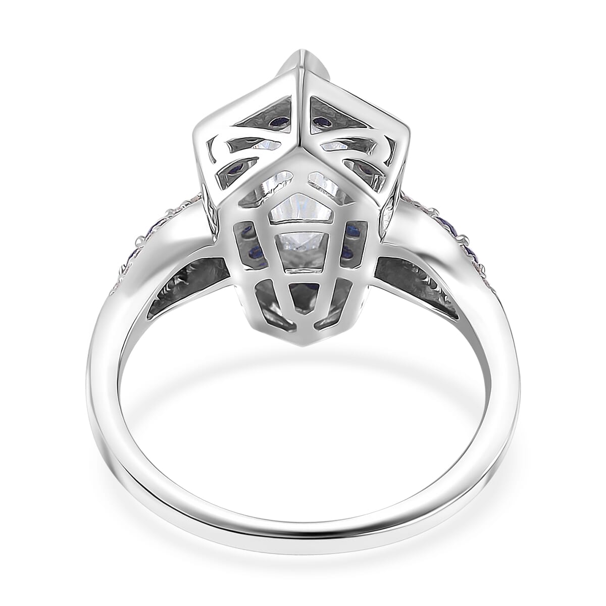 Moissanite and Blue Sapphire 2.20 ctw Celestial Shield Ring in Rhodium Over Sterling Silver (Size 8.0) image number 4