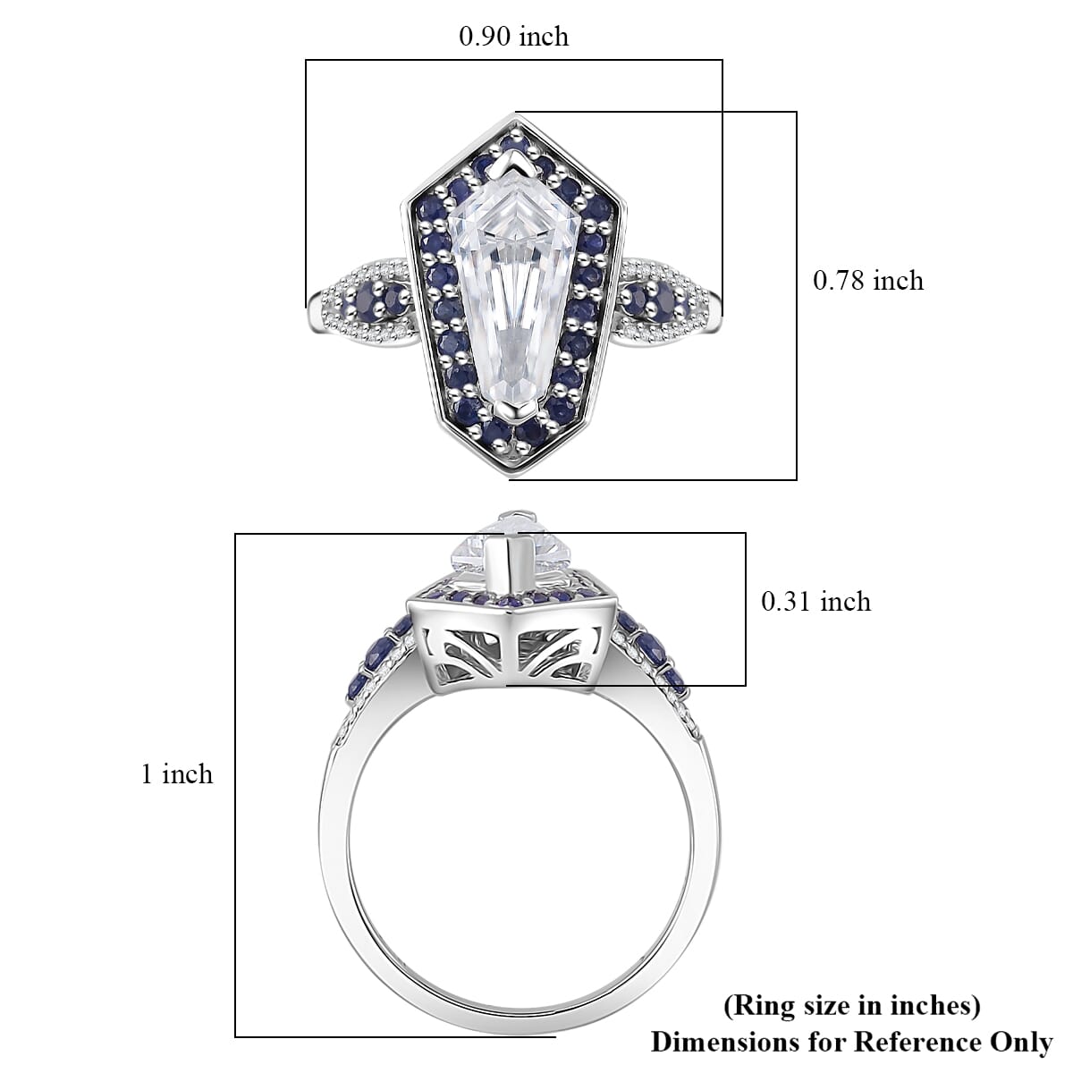 Moissanite and Blue Sapphire 2.20 ctw Celestial Shield Ring in Rhodium Over Sterling Silver (Size 8.0) image number 5