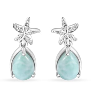 Natural Green Larimar and White Zircon 2.90 ctw Starfish in Deep Ocean Earrings in Rhodium Over Sterling Silver