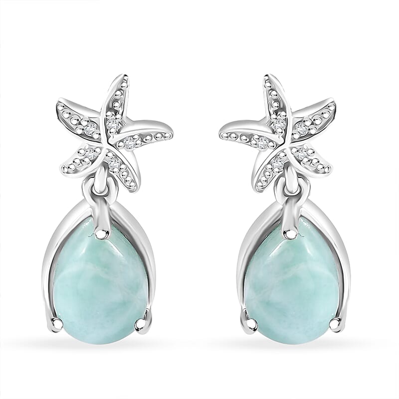D'Joy Natural Green Larimar and White Zircon 2.90 ctw Starfish in Deep Ocean Earrings in Rhodium Over Sterling Silver