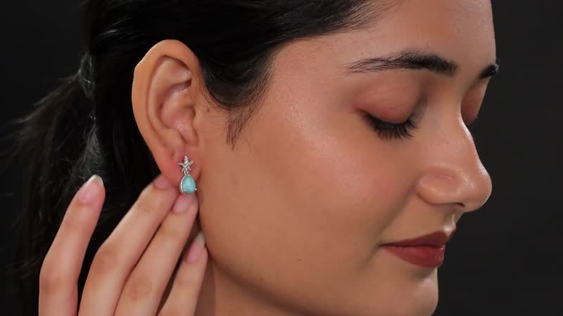 D'Joy Natural Green Larimar and White Zircon 2.90 ctw Starfish in Deep Ocean Earrings in Rhodium Over Sterling Silver