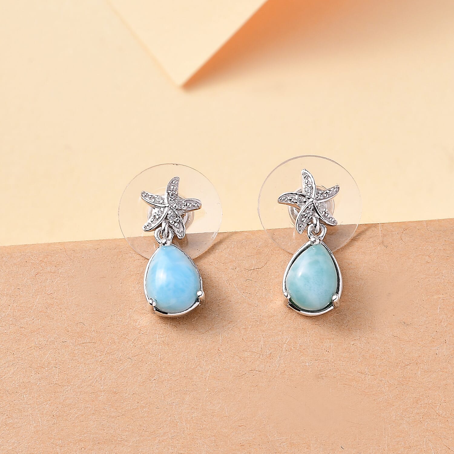 D'Joy Natural Green Larimar and White Zircon 2.90 ctw Starfish in Deep Ocean Earrings in Rhodium Over Sterling Silver