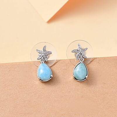 D'Joy Natural Green Larimar and White Zircon 2.90 ctw Starfish in Deep Ocean Earrings in Rhodium Over Sterling Silver