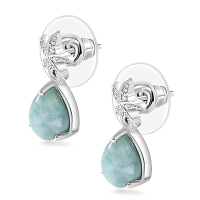 D'Joy Natural Green Larimar and White Zircon 2.90 ctw Starfish in Deep Ocean Earrings in Rhodium Over Sterling Silver