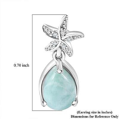 D'Joy Natural Green Larimar and White Zircon 2.90 ctw Starfish in Deep Ocean Earrings in Rhodium Over Sterling Silver