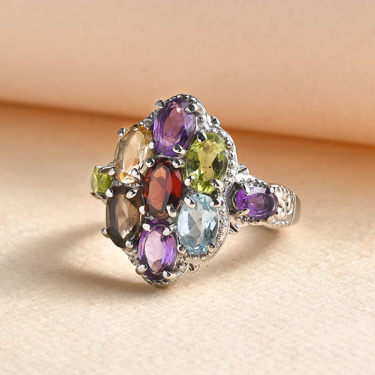 African Amethyst and Multi Gemstone 3.65 ctw Ring in Stainless Steel (Size 10.0) image number 1