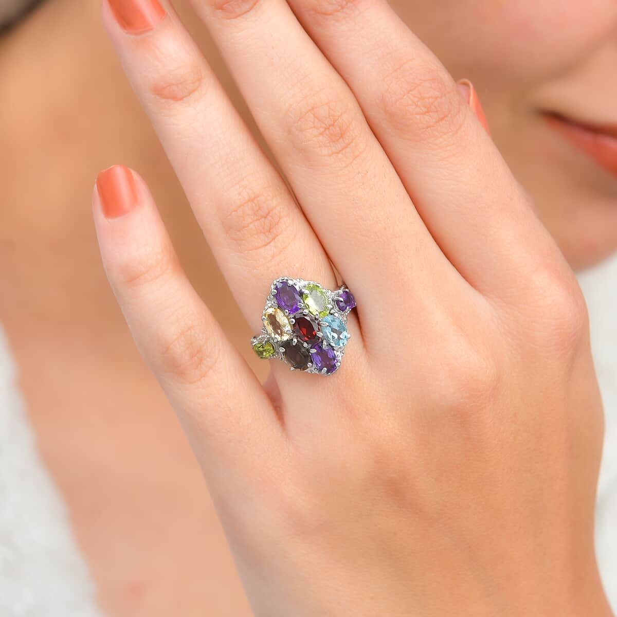 African Amethyst and Multi Gemstone 3.65 ctw Ring in Stainless Steel (Size 10.0) image number 2