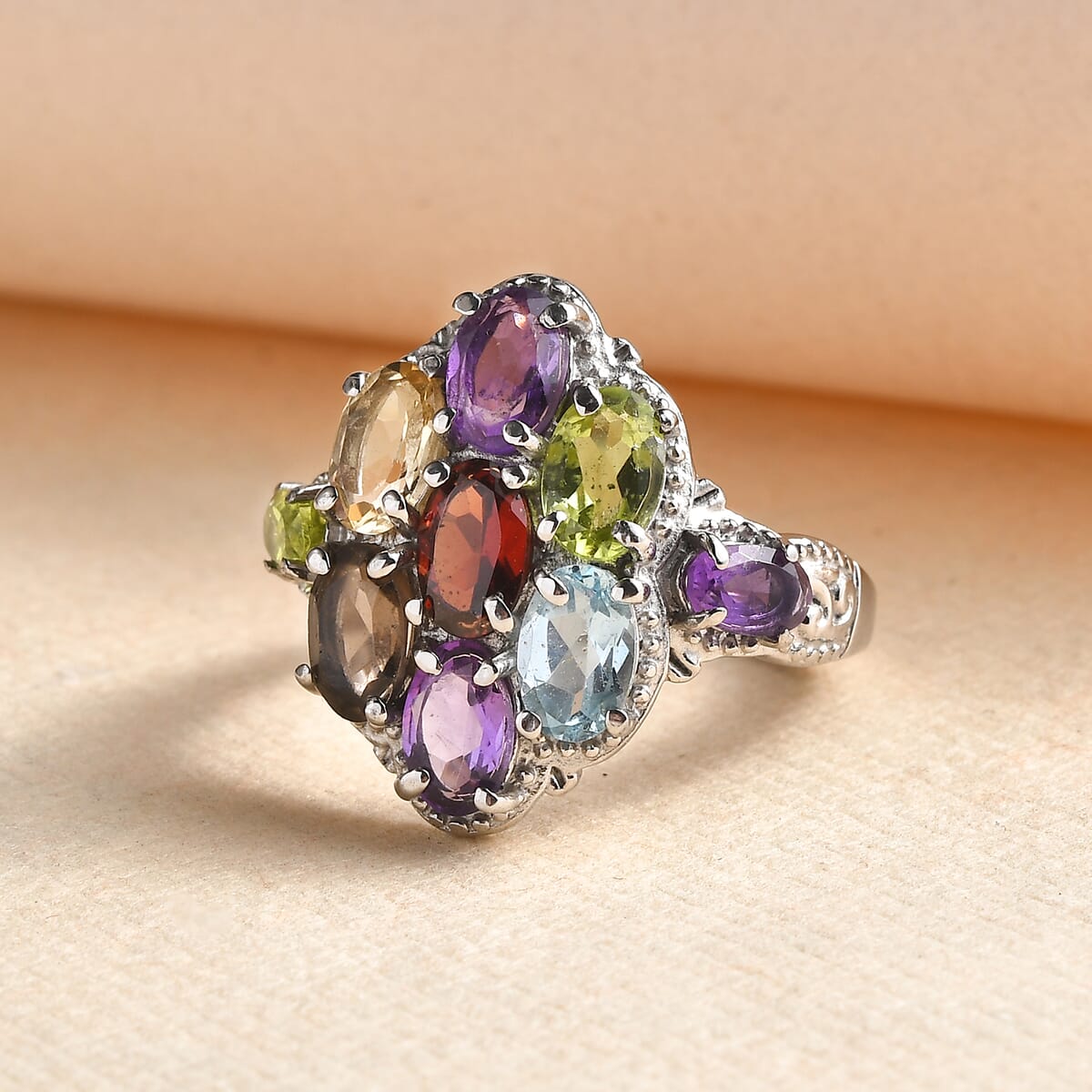 African Amethyst and Multi Gemstone 3.65 ctw Ring in Stainless Steel (Size 9.0) image number 1