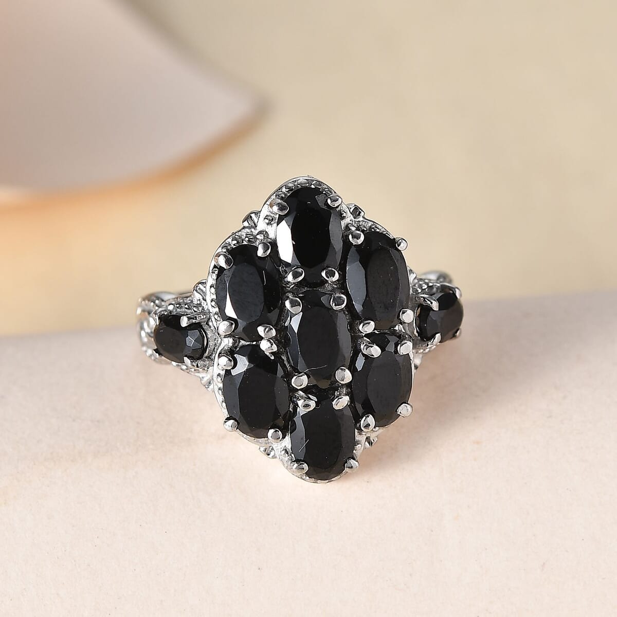 Thai Black Spinel 4.40 ctw Cluster Ring in Stainless Steel (Size 5.0) image number 1