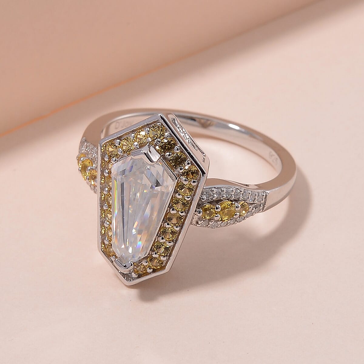 Moissanite and Yellow Sapphire 2.30 ctw Celestial Shield Ring in Rhodium Over Sterling Silver (Size 10.0) image number 1