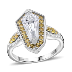Moissanite and Yellow Sapphire 2.30 ctw Celestial Shield Ring in Rhodium Over Sterling Silver (Size 7.0)