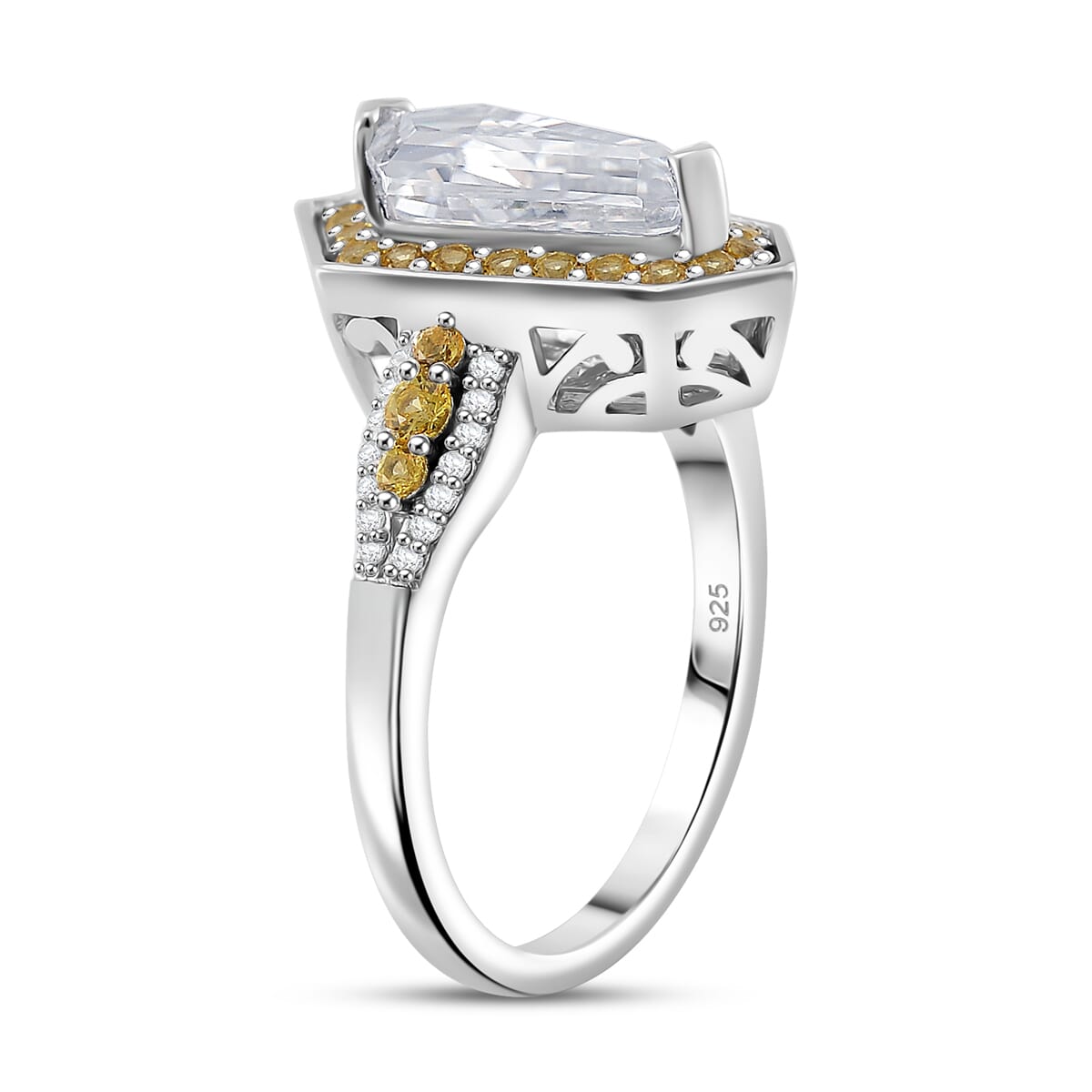 Moissanite and Yellow Sapphire 2.30 ctw Celestial Shield Ring in Rhodium Over Sterling Silver (Size 9.0) image number 3
