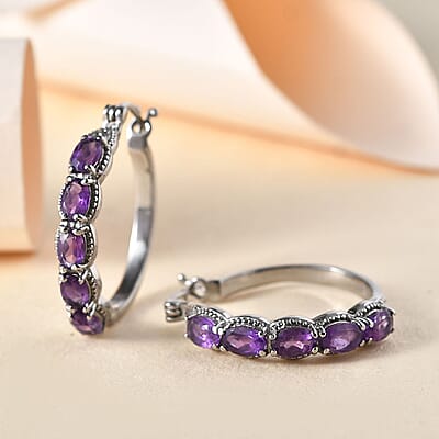 African Amethyst 3.40 ctw Hoop Earrings in Stainless Steel