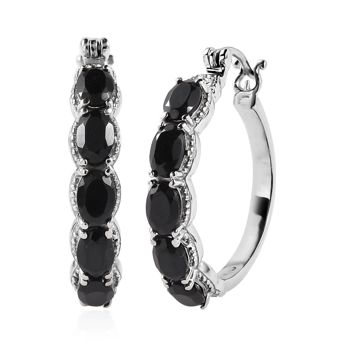 Thai Black Spinel 6.25 ctw Hoop Earrings in Stainless Steel image number 0