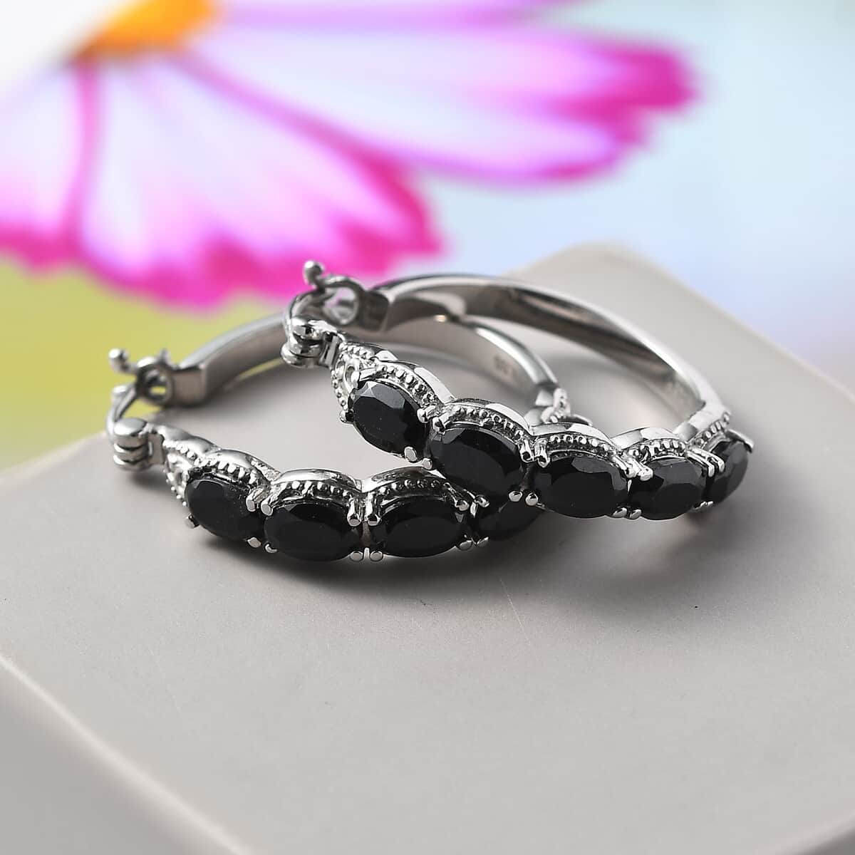 Thai Black Spinel 6.25 ctw Hoop Earrings in Stainless Steel image number 1