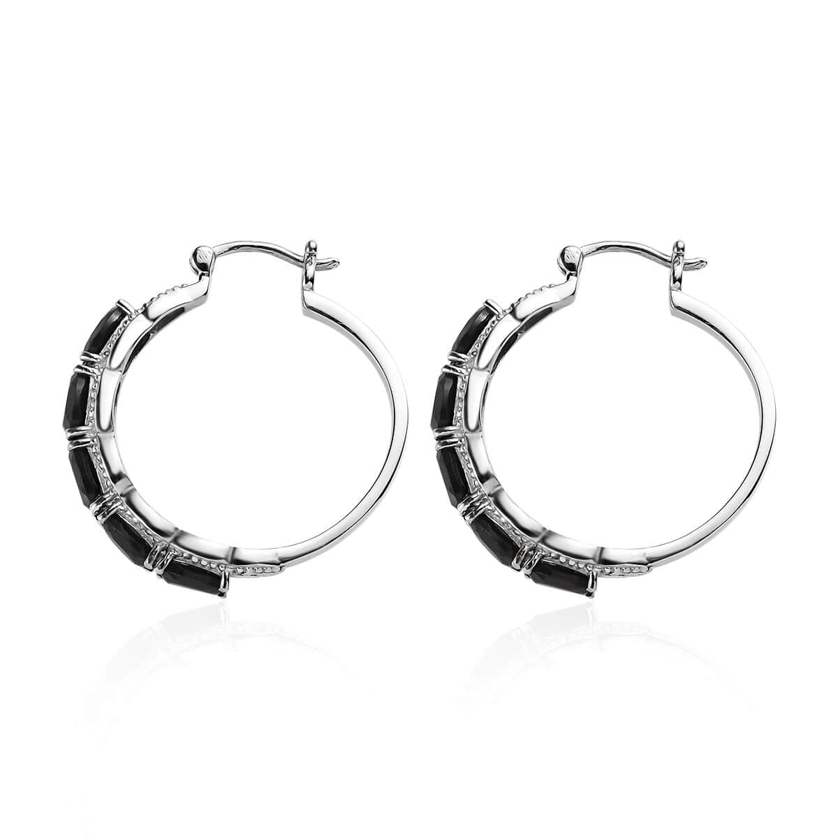 Thai Black Spinel 6.25 ctw Hoop Earrings in Stainless Steel image number 3