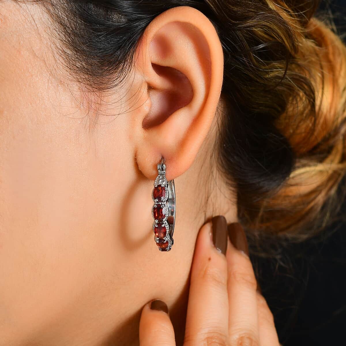 Mozambique Garnet 6.35 ctw Hoop Earrings in Stainless Steel image number 2