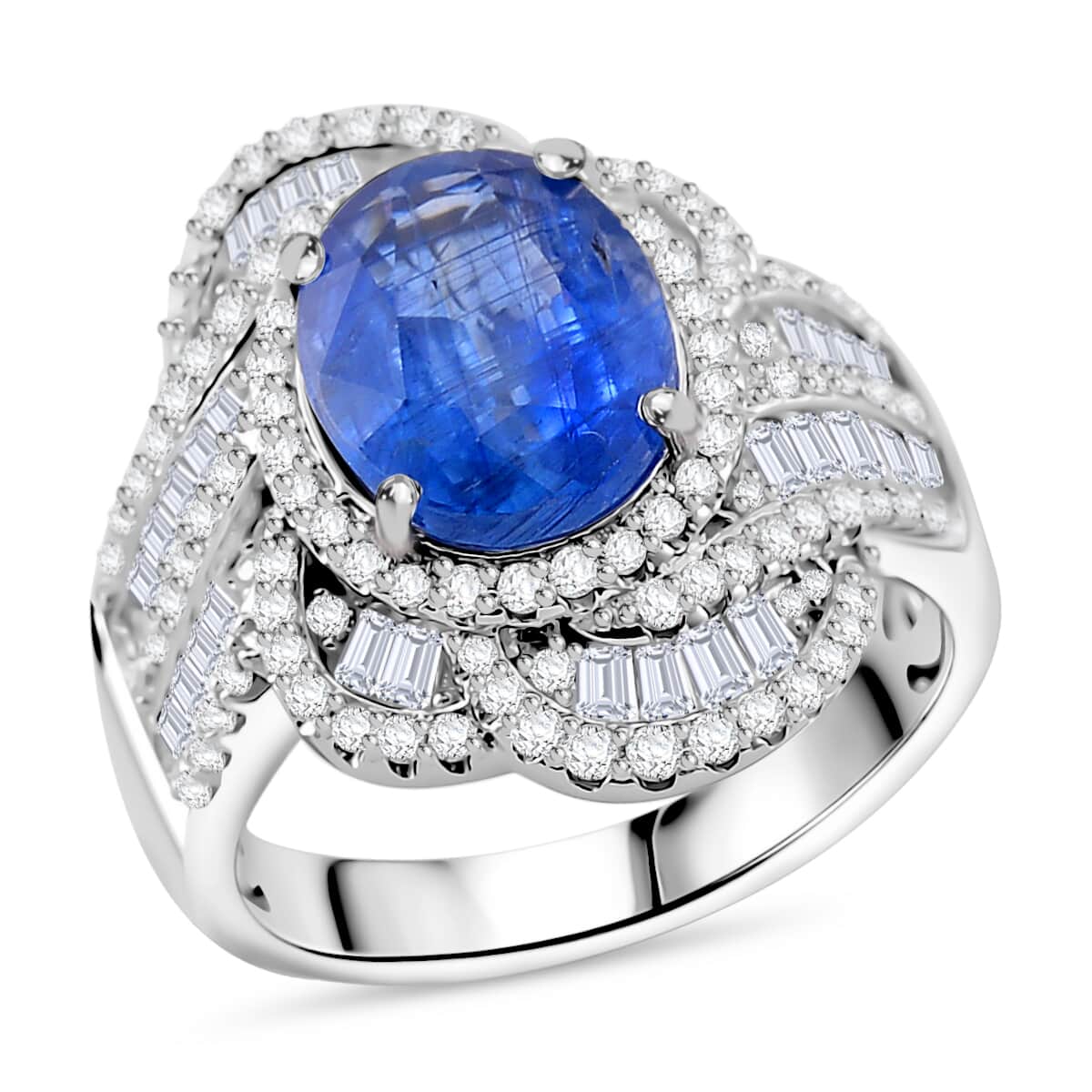 Kashmir Kyanite and Moissanite 6.00 ctw Swirl Halo Ring in Rhodium Over Sterling Silver (Size 10.0) image number 0