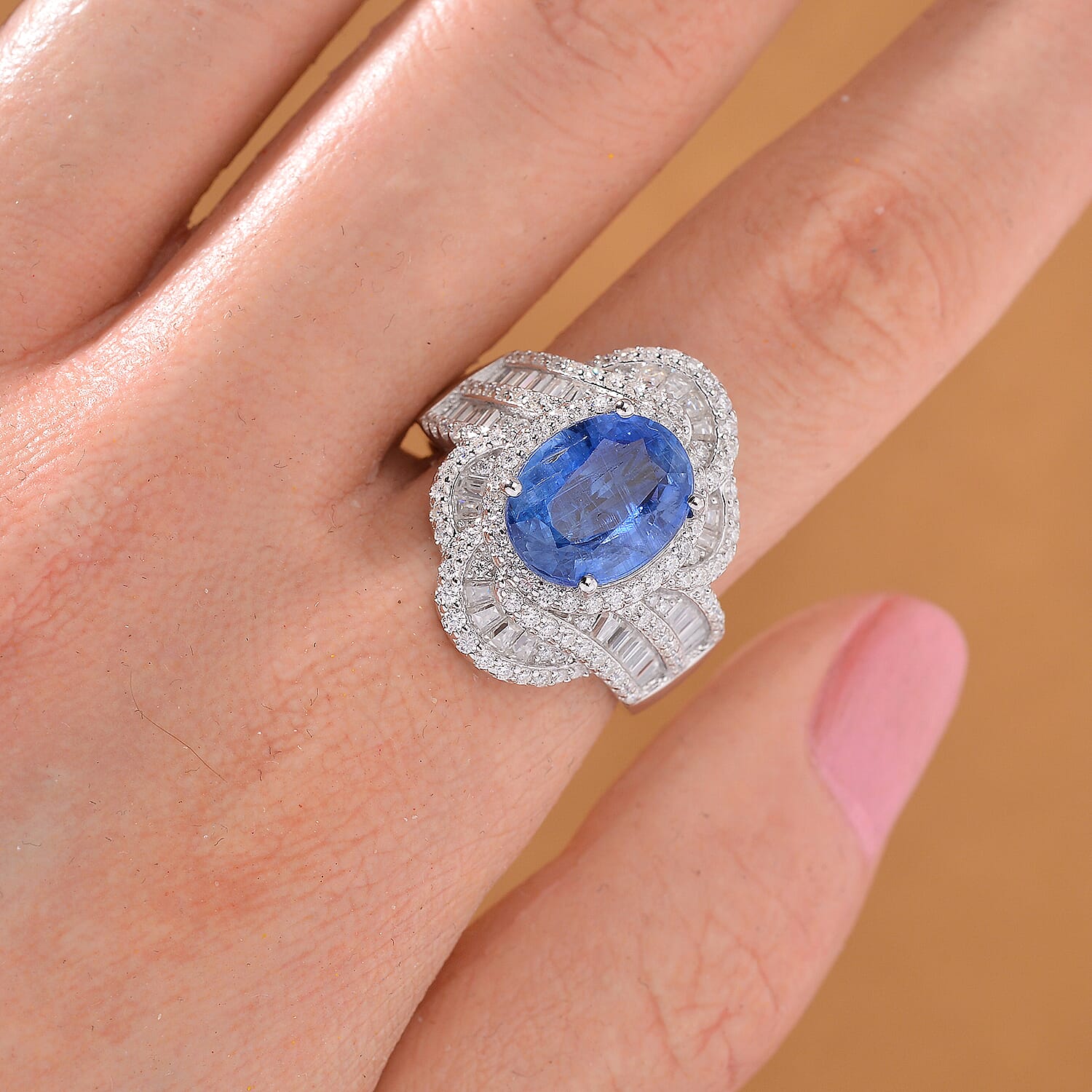 Kashmir Kyanite and Moissanite 6.00 ctw Swirl Halo Ring in Rhodium Over Sterling Silver (Size 10.0)
