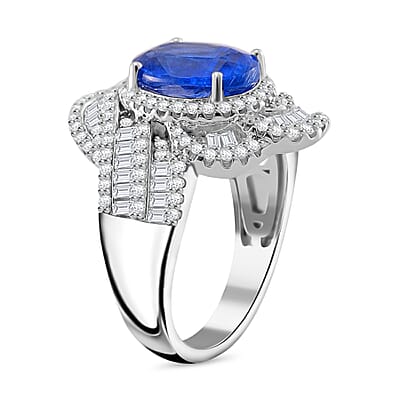 Kashmir Kyanite and Moissanite 6.00 ctw Swirl Halo Ring in Rhodium Over Sterling Silver (Size 10.0)