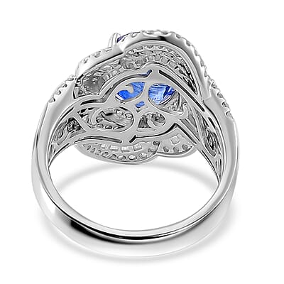 Kashmir Kyanite and Moissanite 6.00 ctw Swirl Halo Ring in Rhodium Over Sterling Silver (Size 10.0)