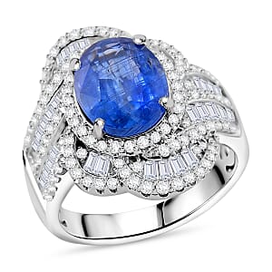 Kashmir Kyanite and Moissanite 6.00 ctw Swirl Halo Ring in Rhodium Over Sterling Silver (Size 6.0)