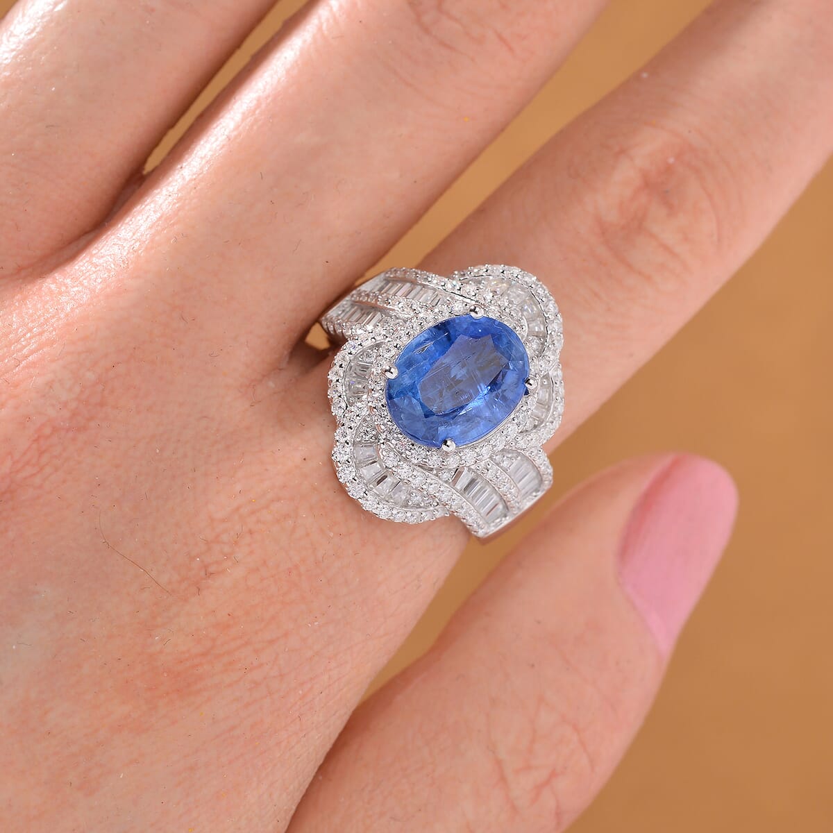 Kashmir Kyanite and Moissanite 6.00 ctw Swirl Halo Ring in Rhodium Over Sterling Silver (Size 9.0) image number 1