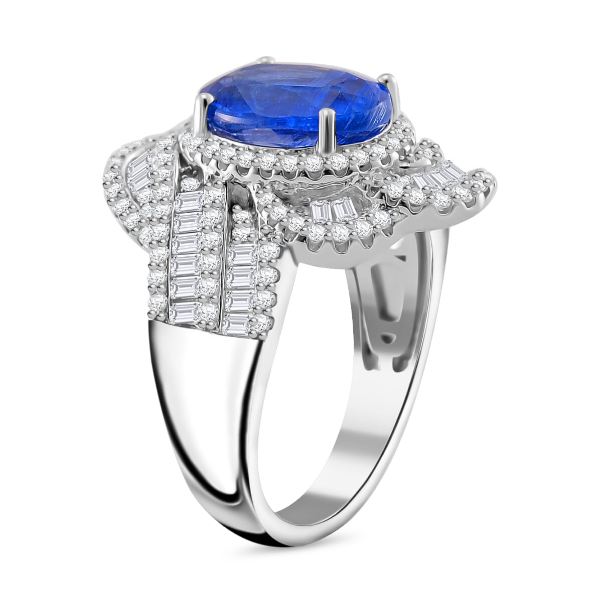 Kashmir Kyanite and Moissanite 6.00 ctw Swirl Halo Ring in Rhodium Over Sterling Silver (Size 9.0) image number 2