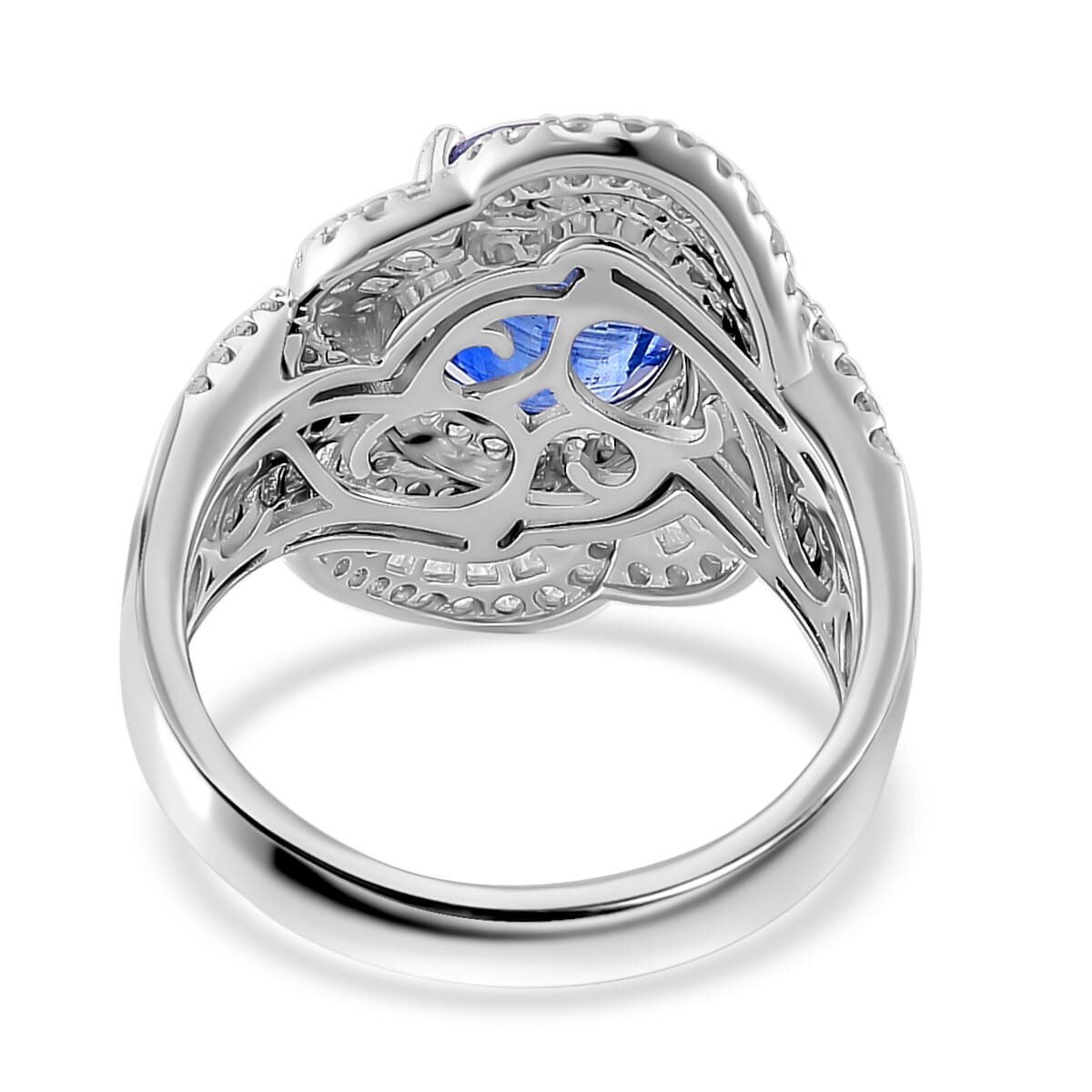 Kashmir Kyanite and Moissanite 6.00 ctw Swirl Halo Ring in Rhodium Over Sterling Silver (Size 9.0) image number 3