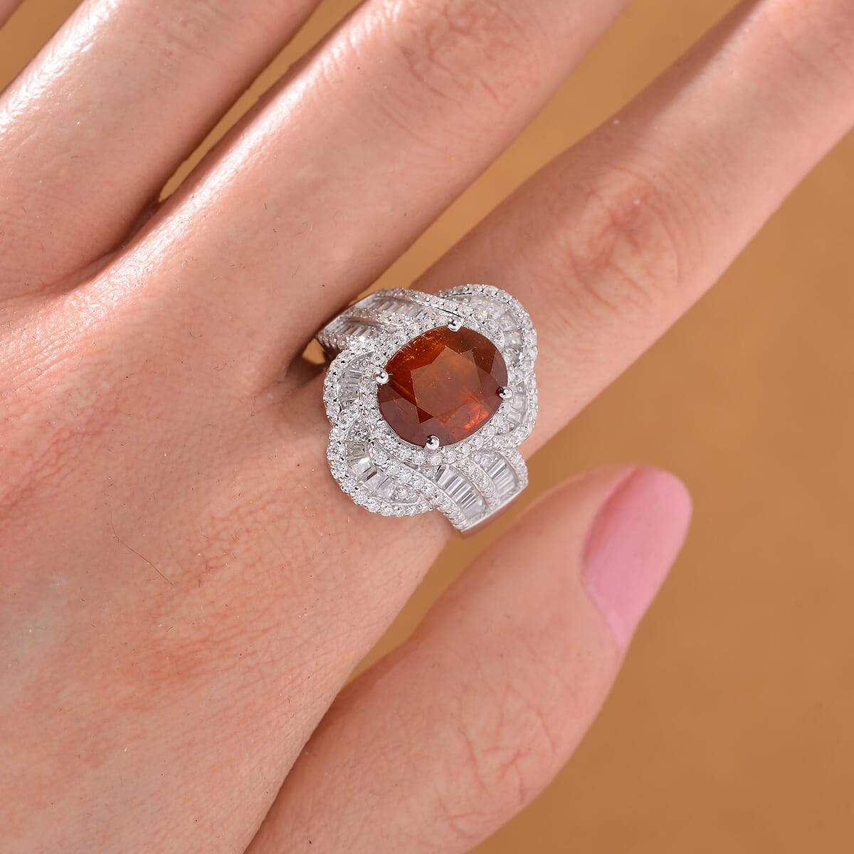 Tangerine Kyanite and Moissanite 5.35 ctw Swirl Halo Ring in Rhodium Over Sterling Silver (Size 8.0) image number 1