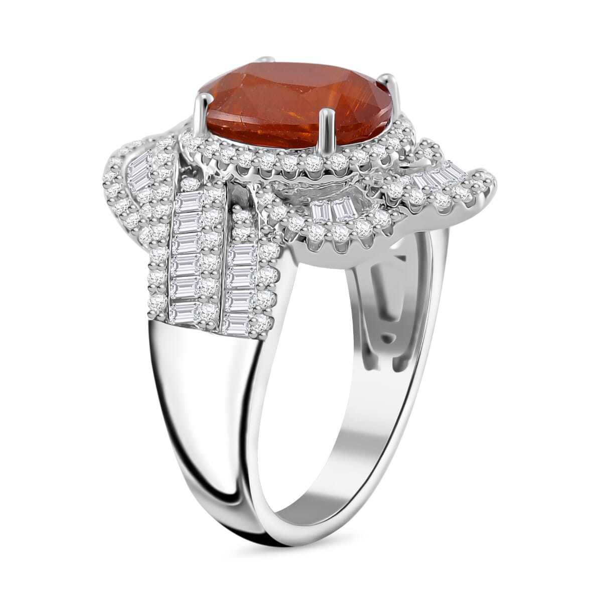 Tangerine Kyanite and Moissanite 5.35 ctw Swirl Halo Ring in Rhodium Over Sterling Silver (Size 8.0) image number 2