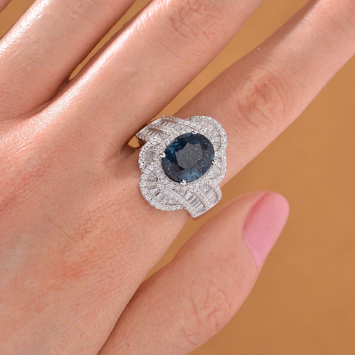 Indigo Kyanite and Moissanite 5.65 ctw Swirl Halo Ring in Rhodium Over Sterling Silver (Size 10.0) image number 1