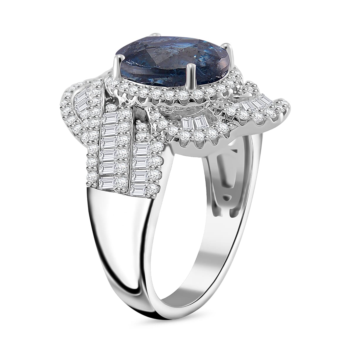 Indigo Kyanite and Moissanite 5.65 ctw Swirl Halo Ring in Rhodium Over Sterling Silver (Size 10.0) image number 2
