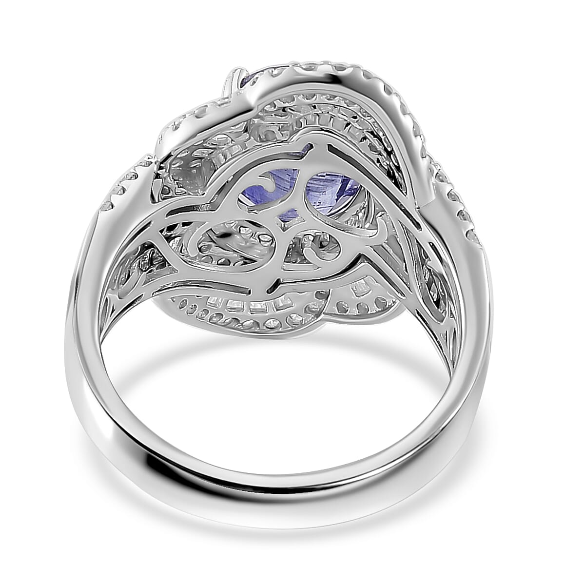 Indigo Kyanite and Moissanite 5.65 ctw Swirl Halo Ring in Rhodium Over Sterling Silver (Size 10.0) image number 3