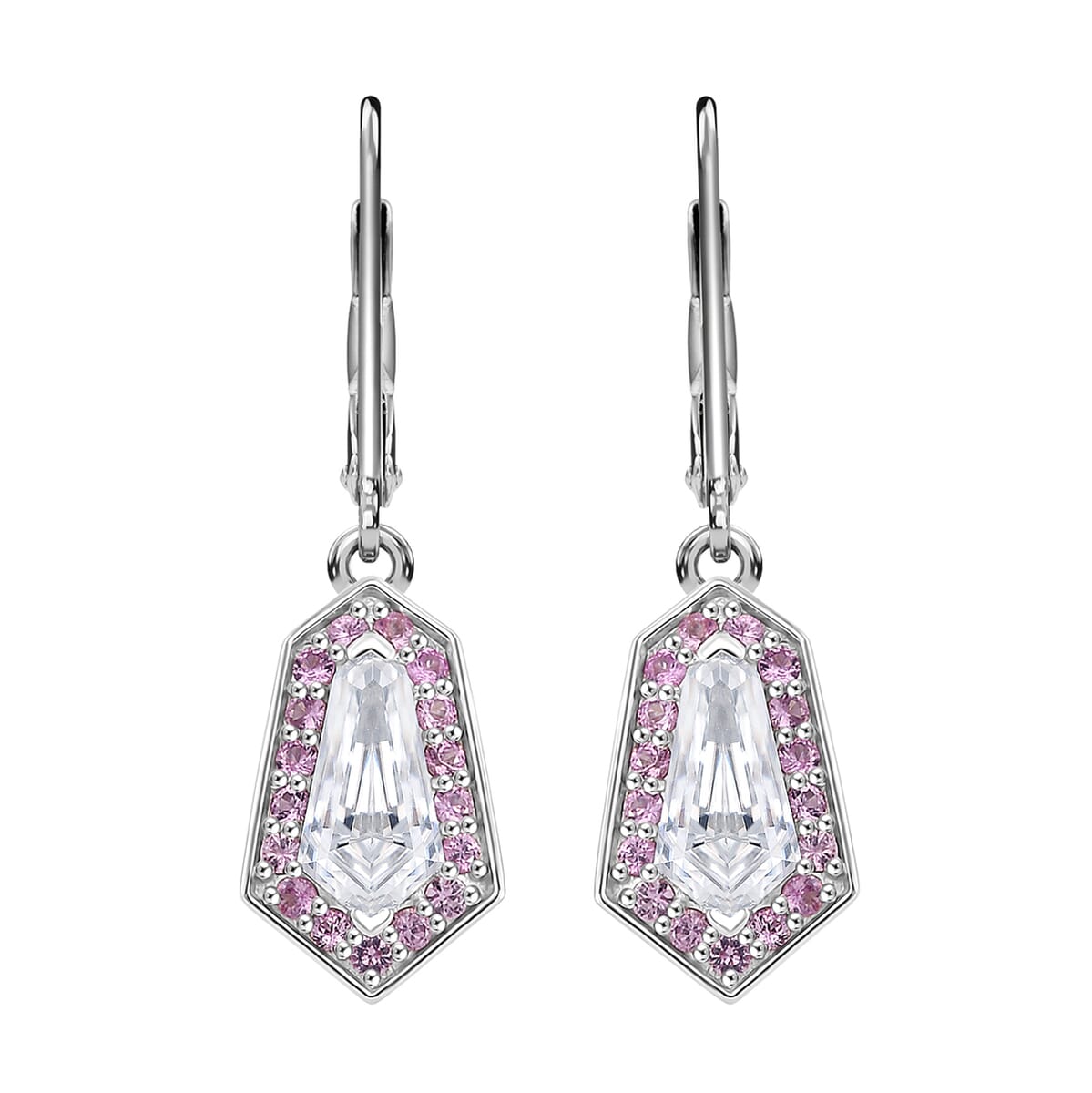 Moissanite and Pink Sapphire 2.60 ctw Celestial Shield Earrings in Rhodium Over Sterling Silver image number 0